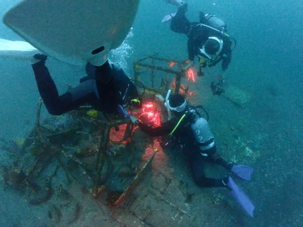 海中の漁礁に生き物いないか3人のダイバーが探している写真